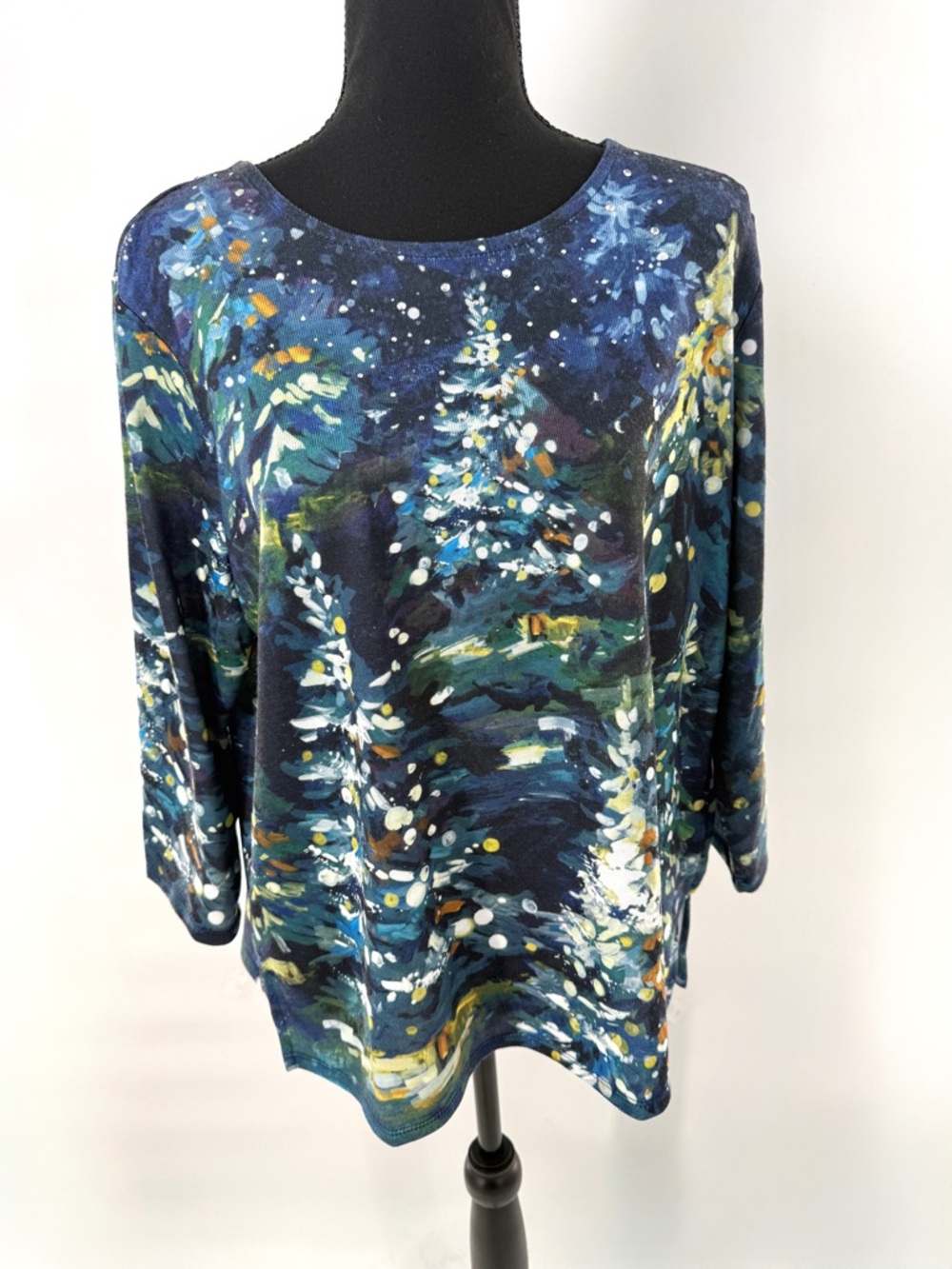 Alfred Dunner Women's Petite Starry Night Tree Top Navy/Green Size Petite Large - Picture 3 of 14